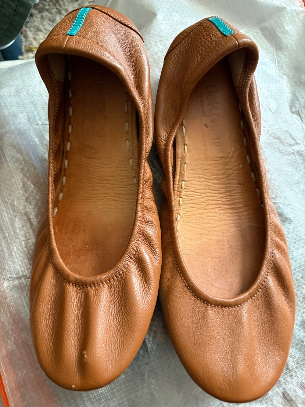 Tieks Brown Leather Ballet Flats with Teal Heel Tab